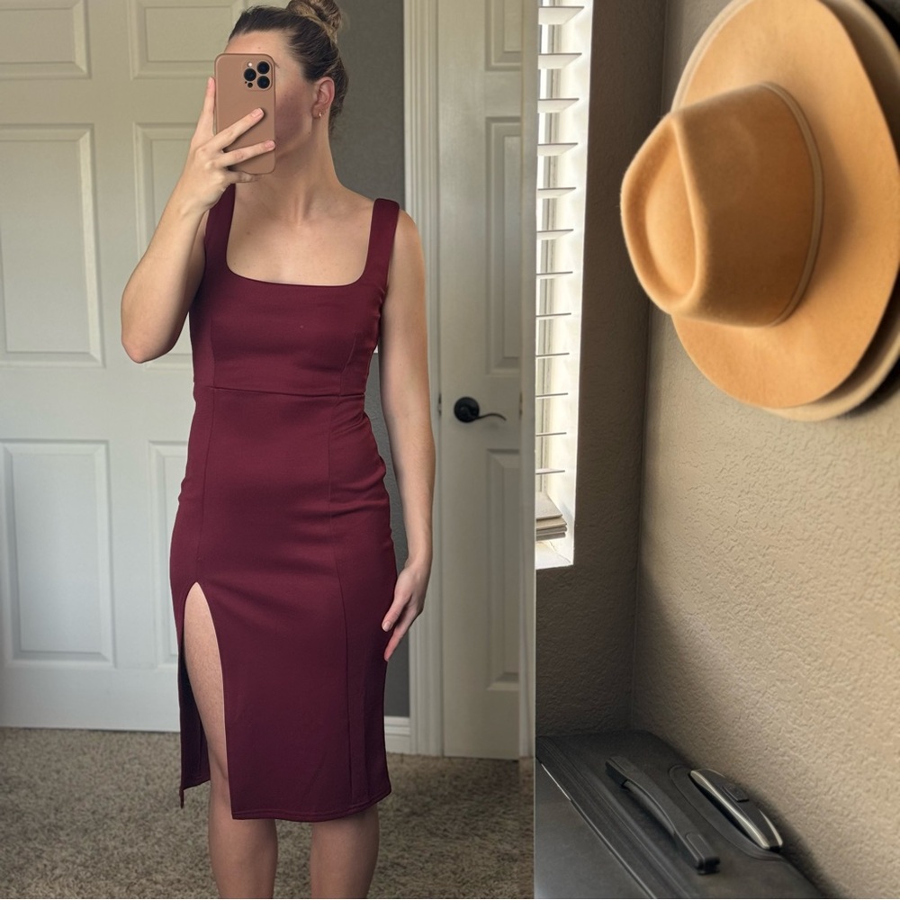 Showpo Burgundy Bodycon Midi Dress with Slit and Square Neckline